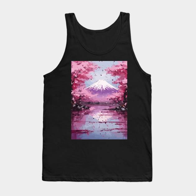 Japan Mount Fuji Cherry Blossom Tree Watercolor Painting Abstract Art Tank Top by Art-Jiyuu